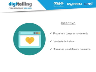  Prazer em comprar novamente
 Vontade de indicar
 Tornar-se um defensor da marca
Incentivo
 