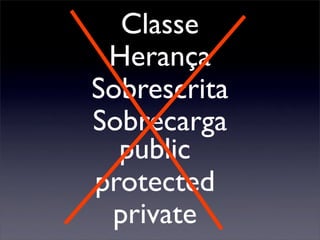 Classe
 Herança
Sobrescrita
Sobrecarga
  public
protected
 private
 