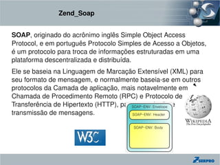 Zend_Soap


SOAP, originado do acrônimo inglês Simple Object Access 
Protocol, e em português Protocolo Simples de Acesso a Objetos, 
é um protocolo para troca de informações estruturadas em uma 
plataforma descentralizada e distribuída. 
Ele se baseia na Linguagem de Marcação Extensível (XML) para 
seu formato de mensagem, e normalmente baseia­se em outros 
protocolos da Camada de aplicação, mais notavelmente em 
Chamada de Procedimento Remoto (RPC) e Protocolo de 
Transferência de Hipertexto (HTTP), para negociação e 
transmissão de mensagens. 
 