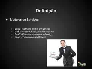 Definição
● Modelos de Serviços
○ SaaS - Software-como-um-Service
○ IaaS - Infraestrutura-como-um-Serviço
○ PaaS - Plataforma-como-um-Serviço
○ XaaS - Tudo como um Serviço
 