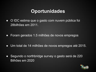 Oportunidades
● O IDC estima que o gasto com nuvem pública foi
28bilhões em 2011.
● Foram gerados 1.5 milhões de novos empregos
● Um total de 14 milhões de novos empregos até 2015.
● Segundo o northbridge survey o gasto será de 220
Bilhões em 2020
 