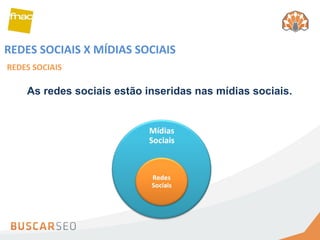 REDES SOCIAIS X MÍDIAS SOCIAIS  REDES SOCIAIS As redes sociais estão inseridas nas mídias sociais.  