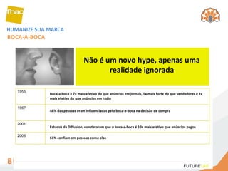HUMANIZE SUA MARCA Não é um novo hype, apenas uma realidade ignorada BOCA-A-BOCA Boca-a-boca é 7x mais efetivo do que anúncios em jornais, 5x mais forte do que vendedores e 2x mais efetivo do que anúncios em rádio 48% das pessoas eram influenciadas pelo boca-a-boca na decisão de compra Estudos da Diffusion, constataram que o boca-a-boca é 10x mais efetivo que anúncios pagos 61% confiam em pessoas como elas  