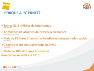 PORQUE A INTERNET? Somos 81,3 milhões de internautas Google é o site mais acessado do Brasil 32 milhões de usuários de comércio eletrônico Mais de 85% dos internautas brasileiros acessam redes sociais Meta de 70% dos lares brasileiros conectados na web até 2015 Fonte: F/Nazca Fonte: Ibope Nielsen Online Fonte: Ibope Fonte: Alexa 
