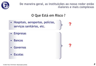 De maneira geral, as instituições ao nosso redor estão maiores e mais complexas Hospitais, aeroportos, polícias, serviços sanitários, etc. Empresas Bancos Governos Escolas ? © 2009 T ABLE  P ARTNERS . Reprodução proibida. O Que Está em Risco ? ? 