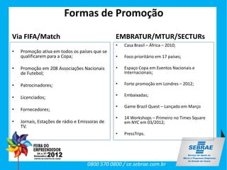 Formas de Promoção
Via FIFA/Match                                  EMBRATUR/MTUR/SECTURs
                                                •   Casa Brasil – África – 2010;
•   Promoção ativa em todos os países que se
    qualificarem para a Copa;                   •   Foco prioritário em 17 países;

•   Promoção em 208 Associações Nacionais       •   Espaço Copa em Eventos Nacionais e
    de Futebol;                                     Internacionais;

•   Patrocinadores;                             •   Forte promoção em Londres – 2012;

•   Licenciados;                                •   Embaixadas;

                                                •   Game Brazil Quest – Lançado em Março
•   Fornecedores;
                                                •   14 Workshops – Primeiro no Times Square
•   Jornais, Estações de rádio e Emissoras de       em NYC em 03/2012;
    TV.
                                                •   PressTrips.




                                    0800 570 0800 / ce.sebrae.com.br
 