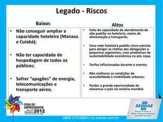 Legado - Riscos
           Baixos                                     Altos
• Não conseguir ampliar a          •   Falta de capacidade de atendimento de
                                       alto padrão na hotelaria, meios de
  capacidade hoteleira (Manaus         alimentação e transporte;
  e Cuiabá);
                                   •   Uma rede hoteleira padrão cinco estrelas
                                       para abrigar as chefias das delegações e
                                       pequenos segmentos, com problemas de
• Não ter capacidade de                sustentabilidade econômica no pós copa;
  hospedagem de todos os
  públicos;                        •   Tarifas inflacionadas durante o evento;

                                   •   Não melhorar as condições de
                                       acessibilidade e mobilidade urbanas;
• Sofrer “apagões” de energia,
  telecomunicações e               •   Perder a grande oportunidade de
  transporte aéreo.                    alavancar o país no cenário mundial.




                        0800 570 0800 / ce.sebrae.com.br
 