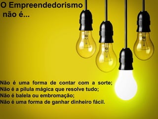O Empreendedorismo
não é...
Não é uma forma de contar com a sorte;
Não é a pílula mágica que resolve tudo;
Não é balela ou embromação;
Não é uma forma de ganhar dinheiro fácil.
 