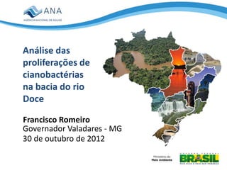 Análise das
proliferações de
cianobactérias
na bacia do rio
Doce

Francisco Romeiro
Governador Valadares - MG
30 de outubro de 2012
 