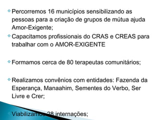  Percorremos 16 municípios sensibilizando as
pessoas para a criação de grupos de mútua ajuda
Amor-Exigente;
 Capacitamos profissionais do CRAS e CREAS para
trabalhar com o AMOR-EXIGENTE
 Formamos cerca de 80 terapeutas comunitários;
 Realizamos convênios com entidades: Fazenda da
Esperança, Manaahim, Sementes do Verbo, Ser
Livre e Crer;
 Viabilizamos 28 internações;
 