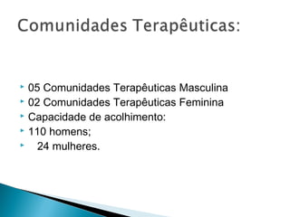  05 Comunidades Terapêuticas Masculina
 02 Comunidades Terapêuticas Feminina
 Capacidade de acolhimento:
 110 homens;
 24 mulheres.
 