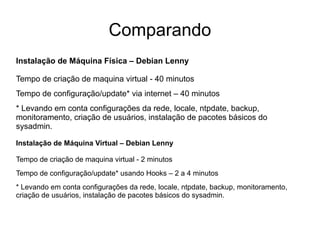 Comparando
Instalação de Máquina Física – Debian Lenny

Tempo de criação de maquina virtual - 40 minutos
Tempo de configuração/update* via internet – 40 minutos
* Levando em conta configurações da rede, locale, ntpdate, backup,
monitoramento, criação de usuários, instalação de pacotes básicos do
sysadmin.

Instalação de Máquina Virtual – Debian Lenny

Tempo de criação de maquina virtual - 2 minutos
Tempo de configuração/update* usando Hooks – 2 a 4 minutos
* Levando em conta configurações da rede, locale, ntpdate, backup, monitoramento,
criação de usuários, instalação de pacotes básicos do sysadmin.
 