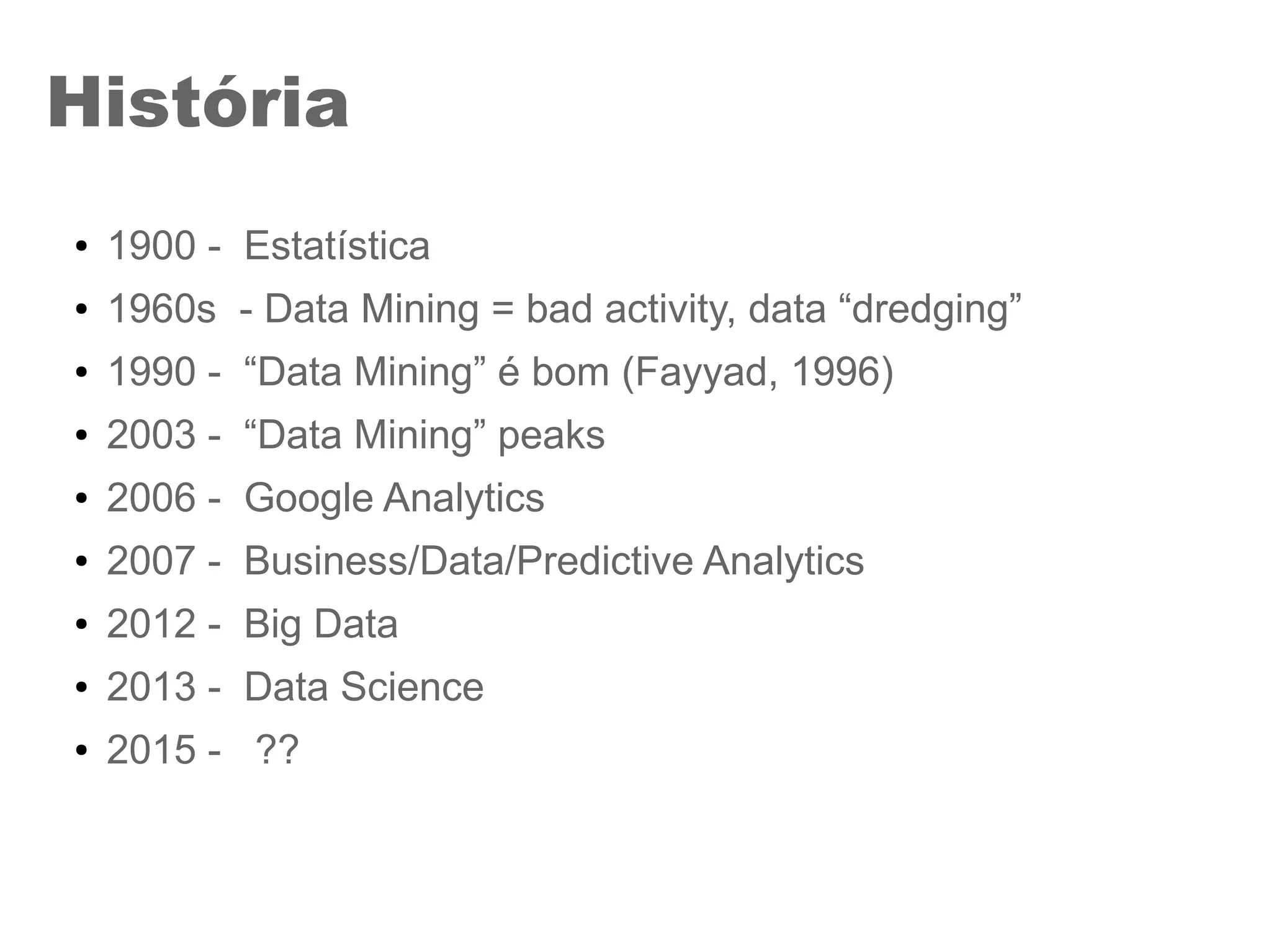 História
● 1900 - Estatística
● 1960s - Data Mining = bad activity, data “dredging”
● 1990 - “Data Mining” é bom (Fayyad, 1996)
● 2003 - “Data Mining” peaks
● 2006 - Google Analytics
● 2007 - Business/Data/Predictive Analytics
● 2012 - Big Data
● 2013 - Data Science
● 2015 - ??
 