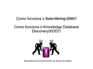 Como funciona o Data Mining (DM)?
Como funciona o Knowledge Database
Discovery(KDD)?
Descoberta de Conhecimento em Banco de Dados
 