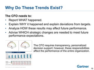 © 2014 Gartner, Inc. and/or its affiliates. All rights reserved.
Why Do These Trends Exist?
The CFO needs to:
• Report WHAT happened.
• Explain WHY it happened and explain deviations from targets.
• Analyze HOW these results may affect future performance.
• Advise WHICH strategic changes are needed to meet future
performance expectations.
The CFO requires transparency, personalized
decision support; however, these responsibilities
affect the performance of the entire organization.
16
 