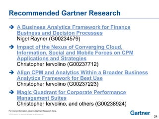 © 2014 Gartner, Inc. and/or its affiliates. All rights reserved.
Recommended Gartner Research
 A Business Analytics Framework for Finance
Business and Decision Processes
Nigel Rayner (G00234579)
 Impact of the Nexus of Converging Cloud,
Information, Social and Mobile Forces on CPM
Applications and Strategies
Christopher Iervolino (G00237712)
 Align CPM and Analytics Within a Broader Business
Analytics Framework for Best Use
Christopher Iervolino (G00237223)
 Magic Quadrant for Corporate Performance
Management Suites
Christopher Iervolino, and others (G00238924)
For more information, stop by Gartner Research Zone.
24
 