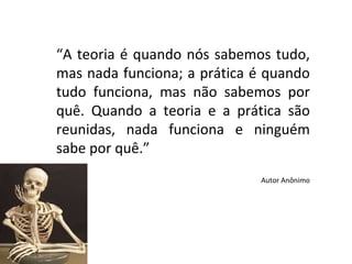 “ A teoria é quando nós sabemos tudo, mas nada funciona; a prática é quando tudo funciona, mas não sabemos por quê. Quando a teoria e a prática são reunidas, nada funciona e ninguém sabe por quê.” Autor Anônimo 
