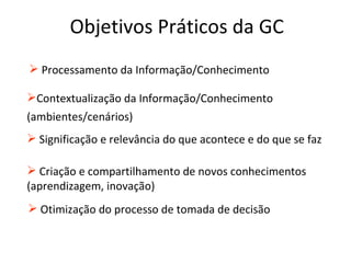 Objetivos Práticos da GC Processamento da Informação/Conhecimento Contextualização da Informação/Conhecimento (ambientes/cenários) Significação e relevância do que acontece e do que se faz Criação e compartilhamento de novos conhecimentos (aprendizagem, inovação) Otimização do processo de tomada de decisão 