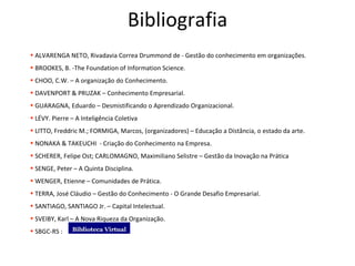 Bibliografia ALVARENGA NETO, Rivadavia Correa Drummond de - Gestão do conhecimento em organizações. BROOKES, B. -The Foundation of Information Science.   CHOO, C.W. – A organização do Conhecimento. DAVENPORT & PRUZAK – Conhecimento Empresarial. GUARAGNA, Eduardo – Desmistificando o Aprendizado Organizacional. LÉVY. Pierre – A Inteligência Coletiva LITTO, Freddric M.; FORMIGA, Marcos, (organizadores) – Educação a Distância, o estado da arte. NONAKA & TAKEUCHI  - Criação do Conhecimento na Empresa. SCHERER, Felipe Ost; CARLOMAGNO, Maximiliano Selistre – Gestão da Inovação na Prática SENGE, Peter – A Quinta Disciplina. WENGER, Etienne – Comunidades de Prática. TERRA, José Cláudio – Gestão do Conhecimento - O Grande Desafio Empresarial. SANTIAGO, SANTIAGO Jr. – Capital Intelectual. SVEIBY, Karl – A Nova Riqueza da Organização. SBGC-RS : 