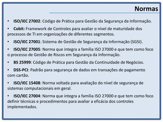 Normas
• ISO/IEC 27002: Código de Prática para Gestão da Segurança da Informação.
• Cobit: Framework de Controles para avaliar o nível de maturidade dos
processos de TI em organizações de diferentes segmentos.
• ISO/IEC 27001: Sistema de Gestão de Segurança da Informação (SGSI).
• ISO/IEC 27005: Norma que integra a família ISO 27000 e que tem como foco
o processo de Gestão de Riscos em Segurança da Informação.
• BS 25999: Código de Prática para Gestão da Continuidade de Negócios.
• DSS-PCI: Padrão para segurança de dados em transações de pagamento
com cartão.
• ISO/IEC 15408: Norma voltada para avaliação do nível de segurança de
sistemas computacionais em geral.
• ISO/IEC 27004: Norma que integra a família ISO 27000 e que tem como foco
definir técnicas e procedimentos para avaliar a eficácia dos controles
implementados.
 