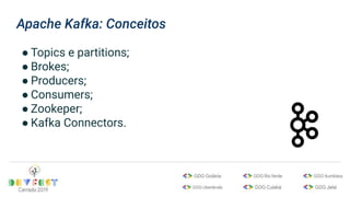 Apache Kafka: Conceitos
● Topics e partitions;
● Brokes;
● Producers;
● Consumers;
● Zookeper;
● Kafka Connectors.
 