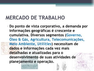MERCADO DE TRABALHO
• Do ponto de vista corporativo, a demanda por
  informações geográficas é crescente e
  cumulativa. Diversos segmentos (Governo,
  Óleo & Gás, Agricultura, Telecomunicações,
  Meio Ambiente, Utilities) necessitam de
  dados e informações cada vez mais
  detalhadas e atualizadas para o
  desenvolvimento de suas atividades de
  planejamento e operação.
 