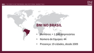 BNI NO BRASIL
•  Membros: + 1.148 empresários
•  Número de Equipes: 44
•  Presença: 19 cidades, desde 2009
 