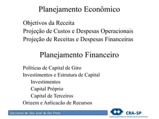 Planejamento Econômico
Objetivos da Receita
Projeção de Custos e Despesas Operacionais
Projeção de Receitas e Despesas Financeiras
Planejamento Financeiro
Políticas de Capital de Giro
Investimentos e Estrutura de Capital
Investimentos
Capital Próprio
Capital de Terceiros
Origem e Aplicação de Recursos
 