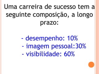 Uma carreira de sucesso tem a
seguinte composição, a longo
prazo:
- desempenho: 10%
- imagem pessoal:30%
- visibilidade: 60%
 