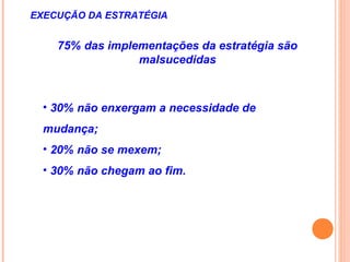 75% das implementações da estratégia são
malsucedidas
EXECUÇÃO DA ESTRATÉGIA
• 30% não enxergam a necessidade de
mudança;
• 20% não se mexem;
• 30% não chegam ao fim.
 
