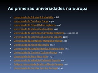 As primeiras universidades na Europa Universidade de Bolonha   Bolonha   Itália  1088 Universidade de Paris   Paris   França  1090 Universidade de Oxford   Oxford   Inglaterra  1096 Universidade de Modena   Modena   Itália  1175 Universidade de Cambridge   Cambridge   Inglaterra  cerca de 1209 Universidade de Salamanca   Salamanca   Espanha  1218 Universidade de Montpellier   Montpellier   França  1220 Universidade de Pádua   Pádua   Itália  1222 Universidade de Nápoles Federico II   Nápoles   Itália  1224 Universidade de Toulouse   Toulouse   França  1229 Universidade de Siena   Siena   Itália  1240 Universidade de Valladolid   Valladolid   Espanha  1241 Palência   Universidade de Múrcia   Múrcia   Espanha  1272 Universidade de Coimbra   Coimbra   Portugal  1290 
