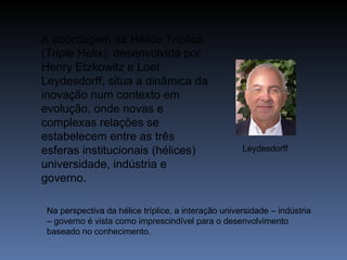 A abordagem da Hélice Tríplice (Triple Helix), desenvolvida por Henry Etzkowitz e Loet Leydesdorff, situa a dinâmica da inovação num contexto em evolução, onde novas e complexas relações se estabelecem entre as três esferas institucionais (hélices) universidade, indústria e governo. Na perspectiva da hélice tríplice, a interação universidade – indústria – governo é vista como imprescindível para o desenvolvimento baseado no conhecimento. Leydesdorff 