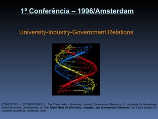 1ª Conferência – 1996/Amsterdam ETZKOWITZ, H.; LEYDESDORFF, L. The Triple Helix – University, Industry, Government Relations: A Laboratory for Knowledge Based Economic Development. In:  The Triple Helix of University, Industry, and Government Relations:  the future location of research conference. Amsterdã, 1996.   University-Industry-Government Relations  