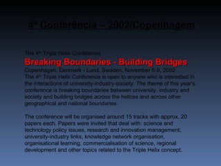 4ª Conferência – 2002/Copenhagem The 4 th  Triple Helix Conference Breaking Boundaries - Building Bridges  Copenhagen, Denmark - Lund, Sweden, November 6-9, 2002  The 4 th  Triple Helix Conference is open to anyone who is interested in the interactions of university-industry-society. The theme of this year's conference is breaking boundaries between university, industry and society and building bridges across the helices and across other geographical and national boundaries.  The conference will be organised around 15 tracks with approx. 20 papers each. Papers were invited that deal with: science and technology policy issues, research and innovation management, university-industry links, knowledge network organisation, organisational learning, commercialisation of science, regional development and other topics related to the Triple Helix concept.  