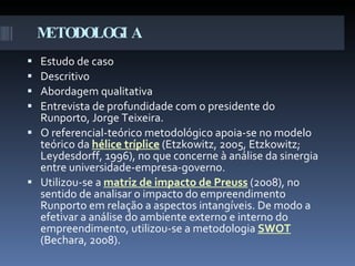 METODOLOGIA Estudo de caso Descritivo Abordagem qualitativa Entrevista de profundidade com o presidente do Runporto, Jorge Teixeira. O referencial-teórico metodológico apoia-se no modelo teórico da  hélice tríplice  (Etzkowitz, 2005, Etzkowitz; Leydesdorff, 1996), no que concerne à análise da sinergia entre universidade-empresa-governo. Utilizou-se a  matriz de impacto de Preuss  (2008), no sentido de analisar o impacto do empreendimento Runporto em relação a aspectos intangíveis. De modo a efetivar a análise do ambiente externo e interno do empreendimento, utilizou-se a metodologia  SWOT   (Bechara, 2008). 