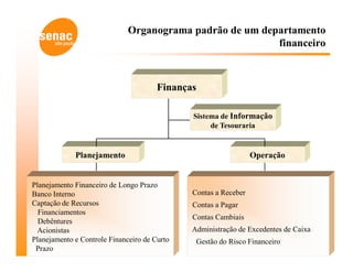 Organograma padrão de um departamento
                                                          financeiro



                                       Finanças

                                              Sistema de Informação
                                                   de Tesouraria


             Planejamento                                        Operação


Planejamento Financeiro de Longo Prazo
Banco Interno                                 Contas a Receber
Captação de Recursos                          Contas a Pagar
  Financiamentos
                                              Contas Cambiais
  Debêntures
 Acionistas                                   Administração de Excedentes de Caixa
Planejamento e Controle Financeiro de Curto                            20
                                               Gestão do Risco Financeiro
 Prazo
 