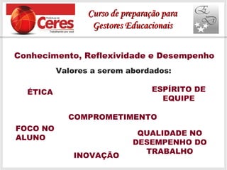 Conhecimento, Reflexividade e Desempenho
Valores a serem abordados:
ÉTICA ESPÍRITO DE
EQUIPE
FOCO NO
ALUNO
COMPROMETIMENTO
QUALIDADE NO
DESEMPENHO DO
TRABALHO
INOVAÇÃO
Curso de preparação paraCurso de preparação para
Gestores EducacionaisGestores Educacionais
 