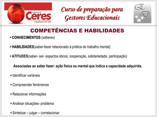 COMPETÊNCIAS E HABILIDADES
CONHECIMENTOSCONHECIMENTOS (saberes)
HABILIDADESHABILIDADES(saber-fazer relacionado à prática do trabalho mental)
ATITUDES(saber- ser- aspectos éticos, cooperação, solidariedade, participação)
Associadas ao saber fazer: ação física ou mental que indica a capacidade adquirida.
Identificar variáveis
Compreender fenômenos
Relacionar informações
Analisar situações- problema
Sintetizar – julgar – correlacionar
Curso de preparação paraCurso de preparação para
Gestores EducacionaisGestores Educacionais
 