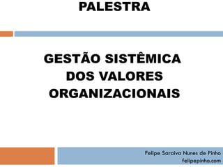 PALESTRA GESTÃO SISTÊMICA  DOS VALORES ORGANIZACIONAIS Felipe Saraiva Nunes de Pinho felipepinho.com 