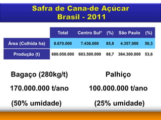 Total       Centro Sul*   (%)    São Paulo     (%)

Área (Colhida ha)    8.670.000     7.436.000    85,8    4.357.000    50,3

  Produção (t)      680.050.000   603.500.000   88,7   364.300.000   53,6




 Bagaço (280kg/t)                               Palhiço
170.000.000 t/ano                      100.000.000 t/ano

 (50% umidade)                           (25% umidade)
 