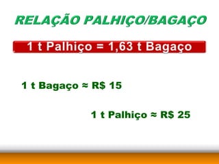 1 t Bagaço ≈ R$ 15


            1 t Palhiço ≈ R$ 25
 