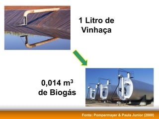 1 Litro de
             Vinhaça




 0,014 m3
de Biogás

            Fonte: Pompermayer & Paula Junior (2000)
 