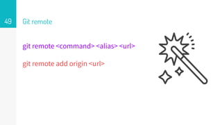 git remote <command> <alias> <url>
git remote add origin <url>
Git remote49
 
