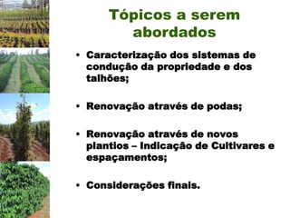 Tópicos a serem
        abordados
• Caracterização dos sistemas de
  condução da propriedade e dos
  talhões;

• Renovação através de podas;

• Renovação através de novos
  plantios – Indicação de Cultivares e
  espaçamentos;

• Considerações finais.
 