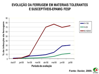 EVOLUÇÃO DA FERRUGEM EM MATERIAIS TOLERANTES
                                            E SUSCEPTÍVEIS-EPAMIG FESP

                            90
% de infecção da ferrugem




                            80                                                                                H-136
                            70                                                                                H-29

                            60                                                                                M. NOVO

                            50

                            40

                            30

                            20

                            10

                             0
                                 dez/07   jan/08   fev/08   mar/08   abr/08   mai/08   jun/08   jul/08
                                                        Período de avaliação
                                                                                                 Fonte: Xavier, 2009.
 