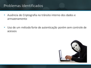 Problemas Identificados
• Ausência de	Criptografia no	trânsito interno dos	dados	e	
armazenamento
• Uso de	um	método forte	de	autenticação porém sem controle de	
acessos
 