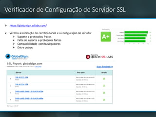 Ø https://globalsign.ssllabs.com/
Ø Verifica	a	instalação do	certificado	SSL	e	a	configuração do	servidor
Ø Suporte	a	protocolos	fracos
Ø Falta	de	suporte	a	protocolos	fortes
Ø Compatibilidade com Navegadores
Ø Entre	outros
Verificador de	Configuração de	Servidor SSL
 
