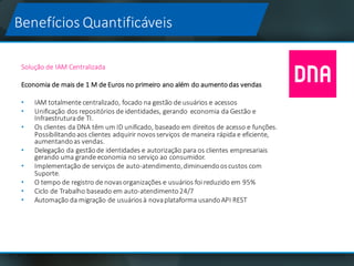Benefícios Quantificáveis
Solução de	IAM	Centralizada
Economia de	mais de	1	M	de	Euros	no	primeiro ano além do	aumentodas	vendas
• IAM totalmente	centralizado,	focado na gestão de	usuários e	acessos
• Unificação dos	repositórios de	identidades,	gerando economia da	Gestão e	
Infraestruturade	TI.
• Os	clientes da DNA	têm um ID	unificado,	baseado em direitos de	acesso	e funções.	
Possibilitandoaos clientes adquirir novosserviços de	maneira rápida e	eficiente,	
aumentandoas	vendas.	
• Delegação da	gestãode	identidades e autorização para os clientes	empresariais	
gerando uma	grande economia no	serviço ao	consumidor.
• Implementação de	serviços de	auto-atendimento,	diminuendo	oscustos com	
Suporte.	
• O tempo	de	registro	de	novas	organizações e usuários foi reduzido em 95%
• Ciclo de	Trabalho baseado em auto-atendimento	24/7
• Automação da	migração de	usuáriosà	nova	plataforma usandoAPI	REST
 