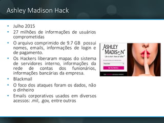 Ashley	Madison	Hack
• Julho 2015
• 27 milhões de informações de usuários
comprometidas
• O arquivo comprimido de 9.7 GB possui
nomes, emails, informações de login e
de pagamento.
• Os Hackers liberaram mapas do sistema
de servidores interno, informações da
rede de contas dos funionários,
informações bancárias da empresa.
• Blackmail
• O foco dos ataques foram os dados, não
o dinheiro
• Emails corporativos usados em diversos
acessos: .mil, .gov, entre outros
 