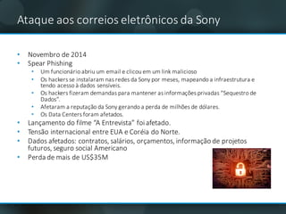 Ataque	aos correios eletrônicos da	Sony
• Novembro de	2014
• Spear Phishing
• Um funcionário	abriu um email	e clicou em um link	malicioso
• Os	hackers	se	instalaram nas redes da	Sony	por meses,	mapeando	a	infraestrutura e
tendo acesso	à dados	sensíveis.	
• Os	hackers	fizeram demandas	para	mantener	as informações privadas “Sequestro de	
Dados”.
• Afetaram	a	reputação da	Sony	gerando a	perda de	milhões de	dólares.
• Os	Data	Centers	foram afetados.	
• Lançamento	do	filme “A	Entrevista”	foiafetado.	
• Tensão internacional	entre	EUA	e Coréia	do Norte.	
• Dados	afetados:	contratos,	salários,	orçamentos, informação de	projetos
futuros,	seguro	social	Americano	
• Perda de	mais de	US$35M	
 